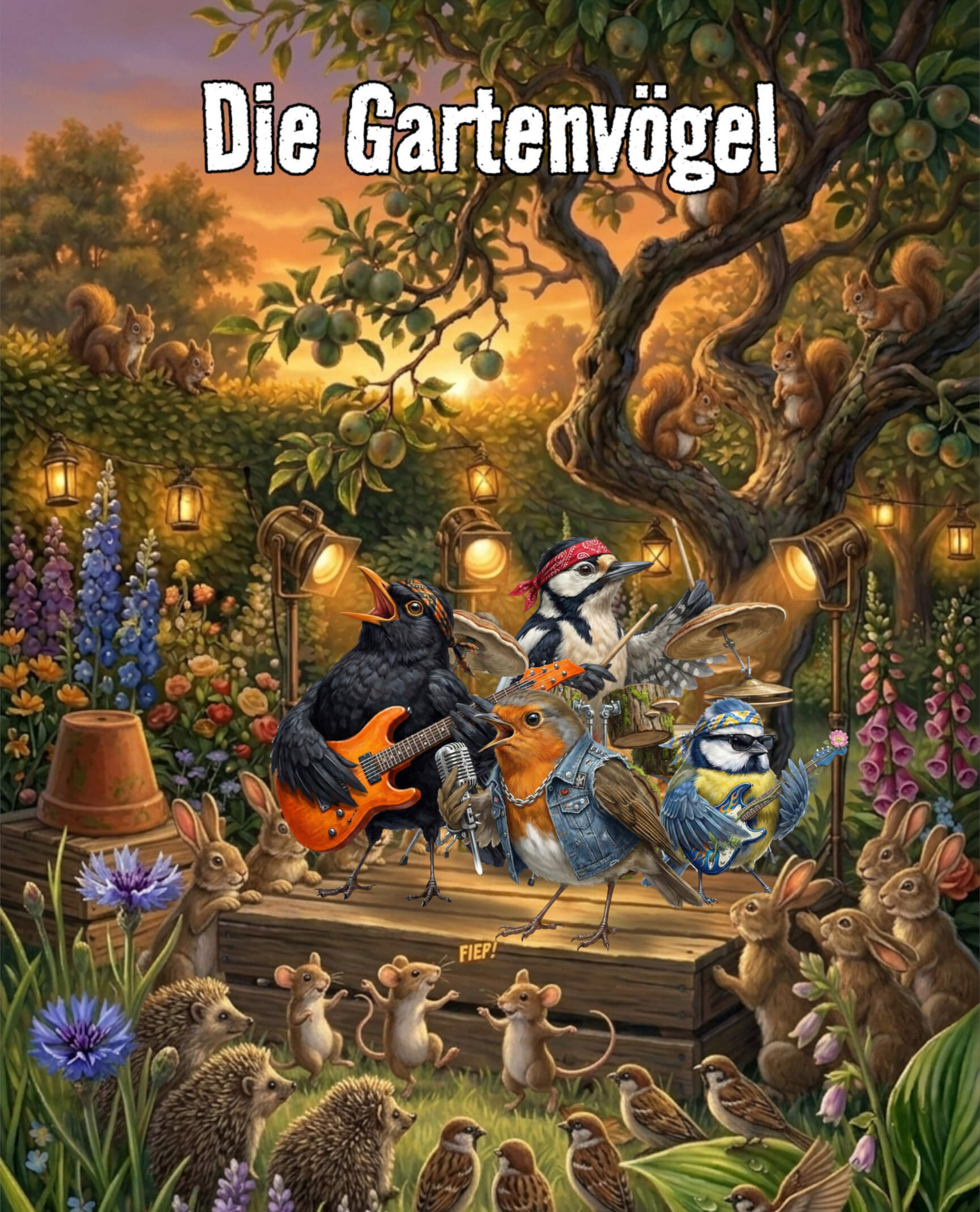 Die Gartenvögel, die lauteste rockband im garten. Blacky die Amsel und Bert Blaumeise an der Gitarre. Sigi Specht an den Drums und Rocky Rotkehlchen am Mikrofon spielen ein Konzert im Garten.