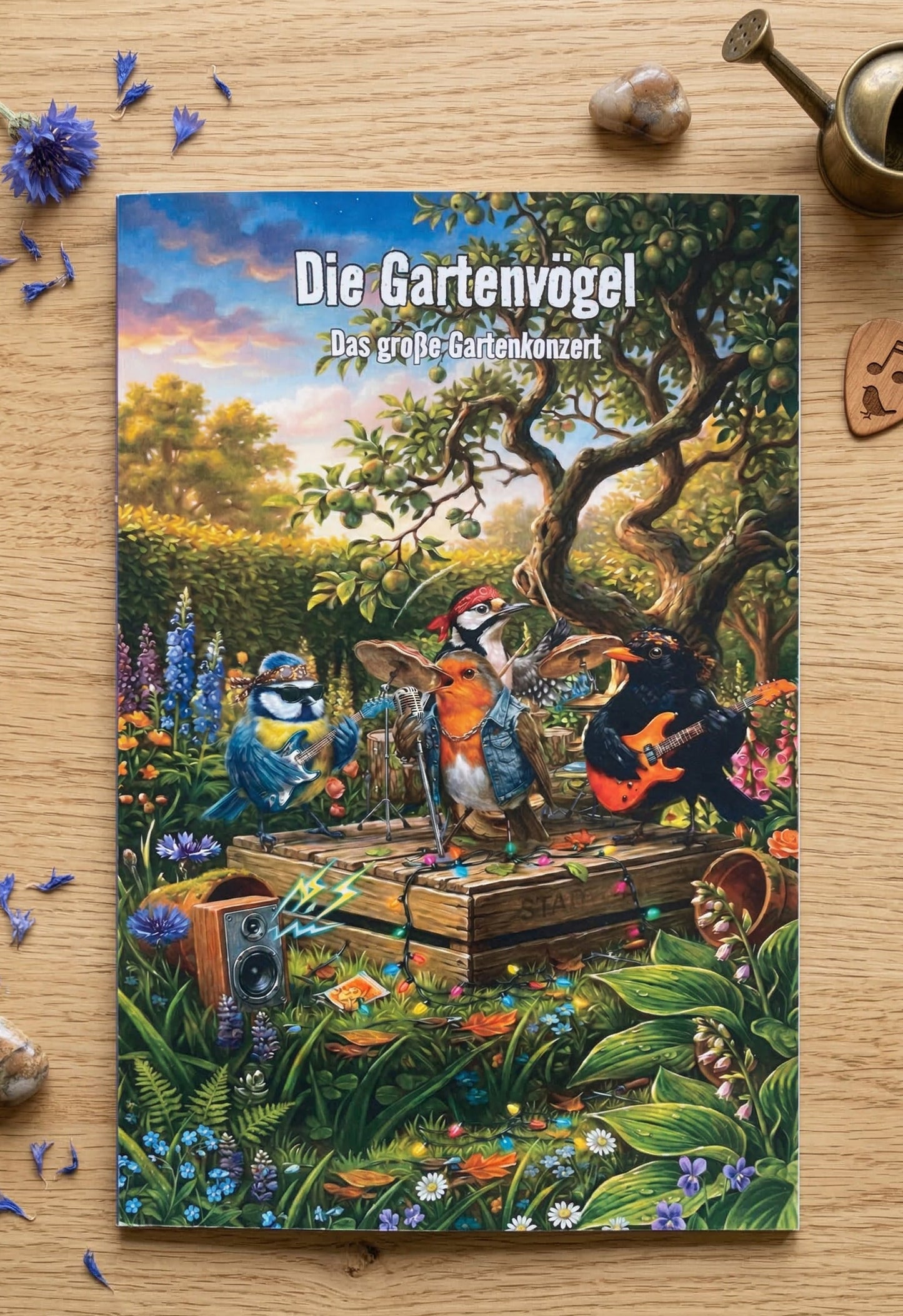 Book cover of 'Die Gartenvögel' with colorful illustration of birds in a garden on a wooden surface.