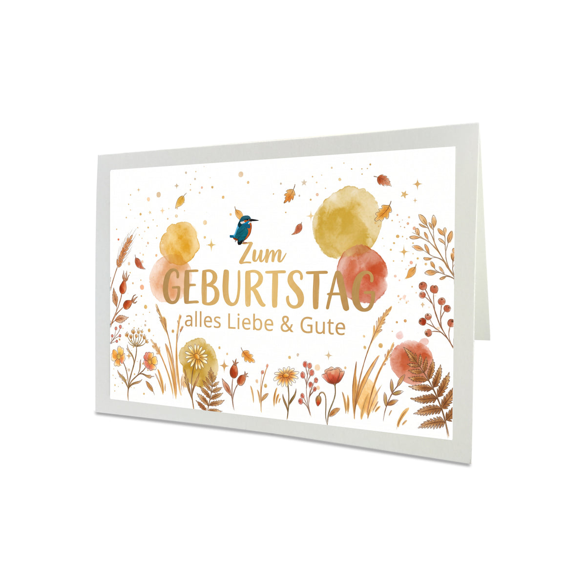 Herbstliche Geburtstagskarte mit Eisvogel-Motiv, Hagebutten, goldenen Aquarell-Tupfern und passendem goldenen Briefumschlag.