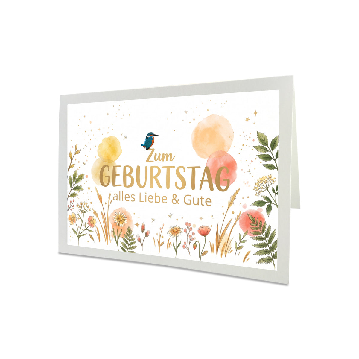 Geburtstagskarte für den Sommer mit handgemaltem Eisvogel, Wiesenblumen, Aquarell-Akzenten in Gelb und Koralle sowie einem sonnengelben Umschlag.