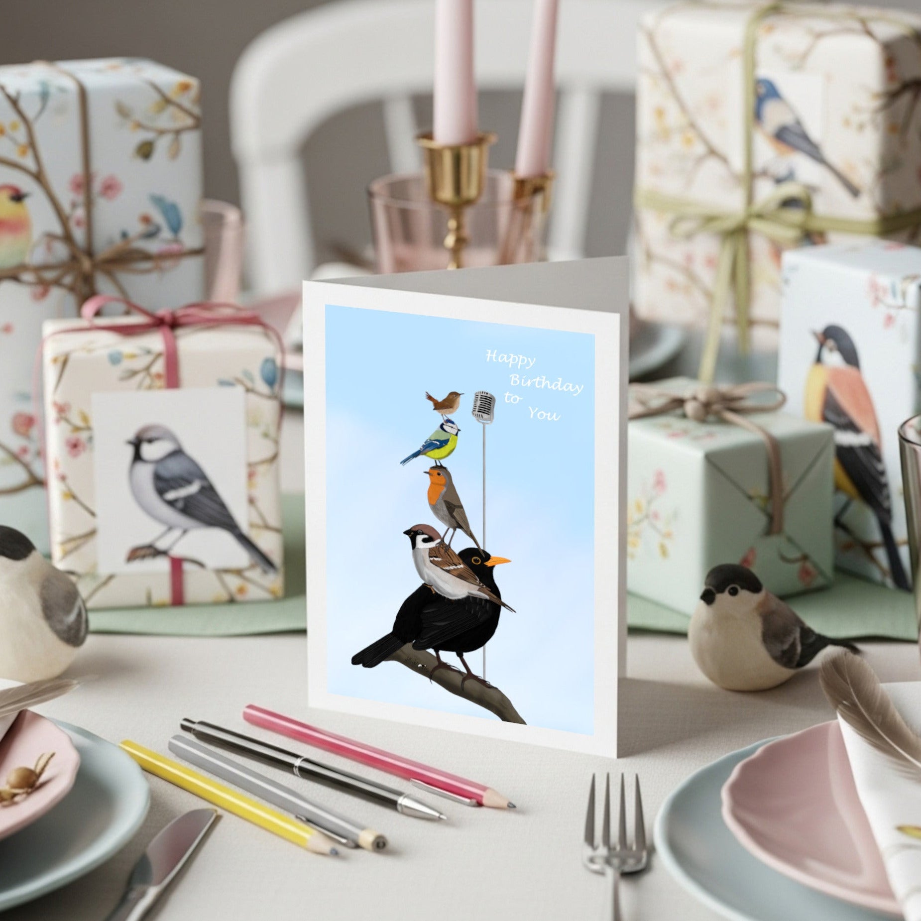 glueckwunschkarte zum geburtstags mit lustigem vogelmotiv