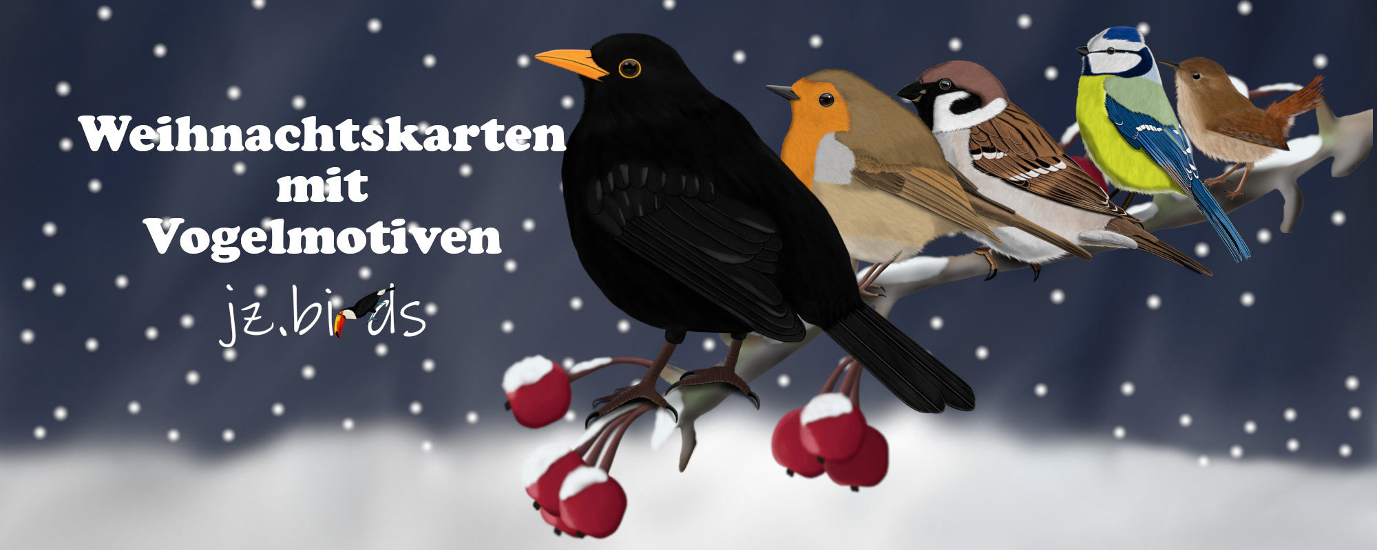 weihnachtskarten mit vogelmotiven amsel rotkehlchen blaumeise zaunkönig