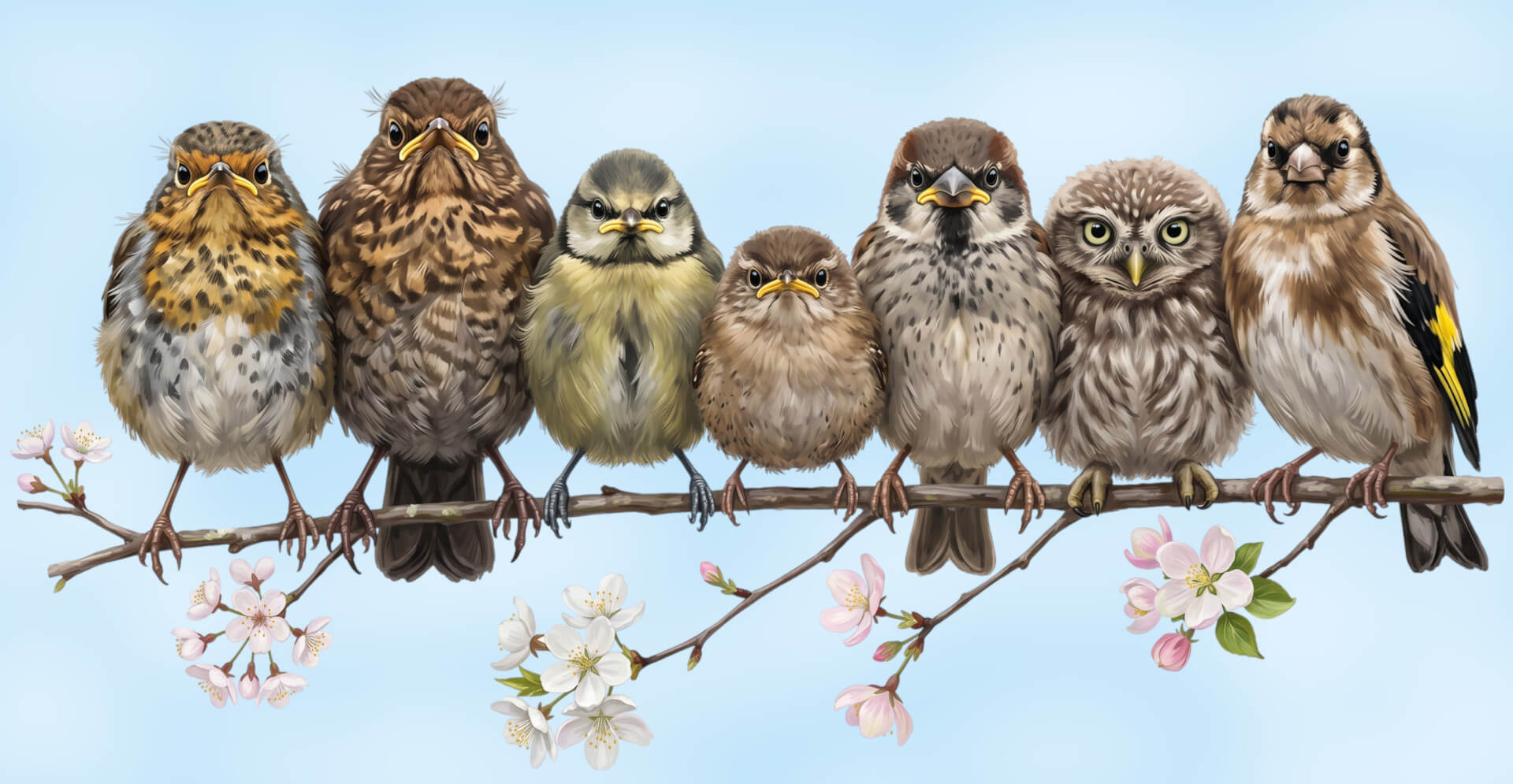 Eine digitale Illustration von Rotkehlchen, Amsel, Steinkauz, Stieglitz, Blaumeise, Haussperling und Zaunkönig Nestlingen, die gemeinsam auf einem Ast sitzen vor einem blauen Hintergrund.