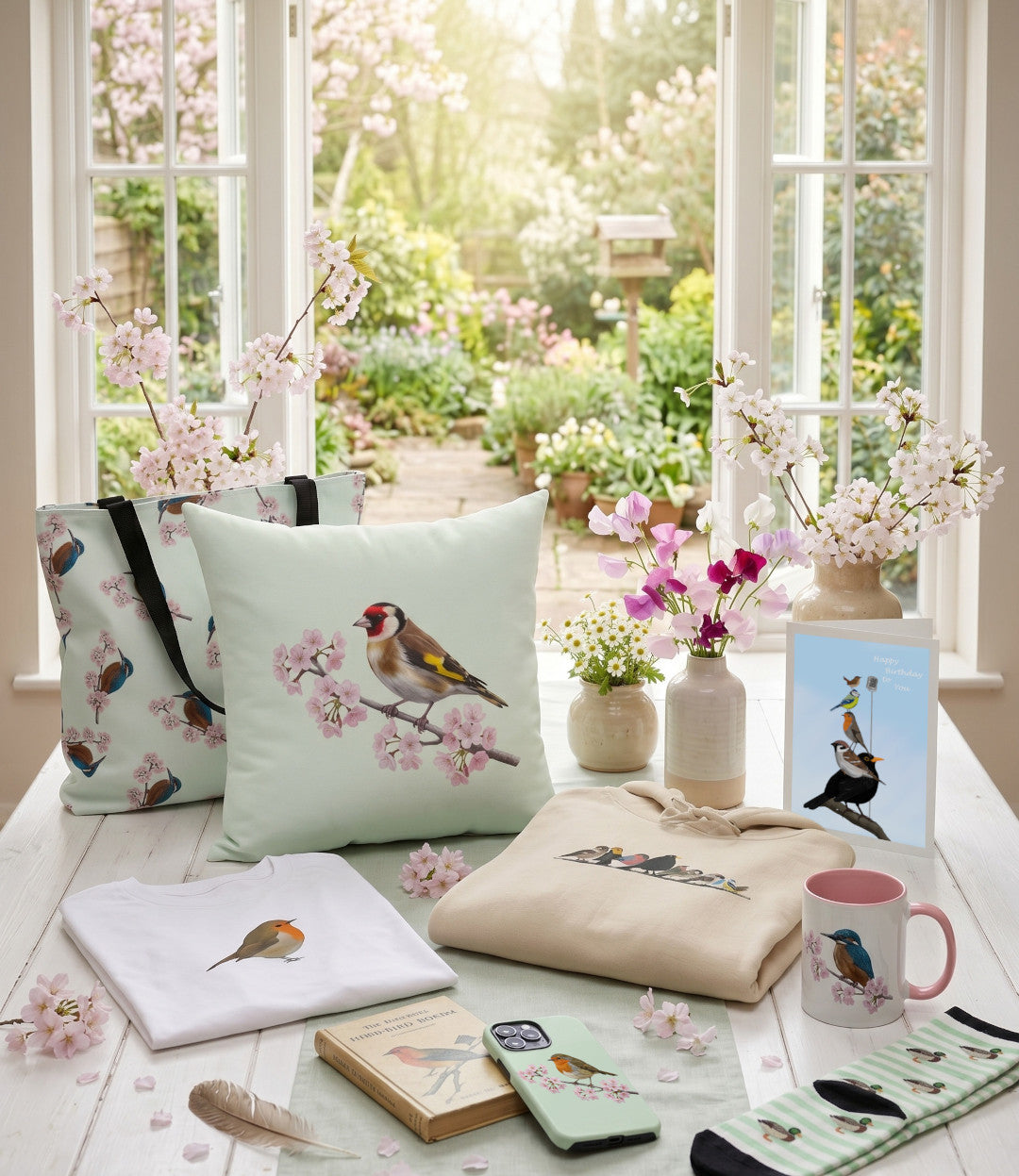 Ein gemütlicher Tisch vor einem Gartenfenster präsentiert jz.birds Produkte mit digitalen Vogel-Illustrationen: ein Rotkehlchen-T-Shirt, eine Eisvogel-Tasse, ein Stieglitz-Kissen, ein Vogel-Hoodie, Enten-Socken und eine Vogelmotiv Geburtstagskarte.