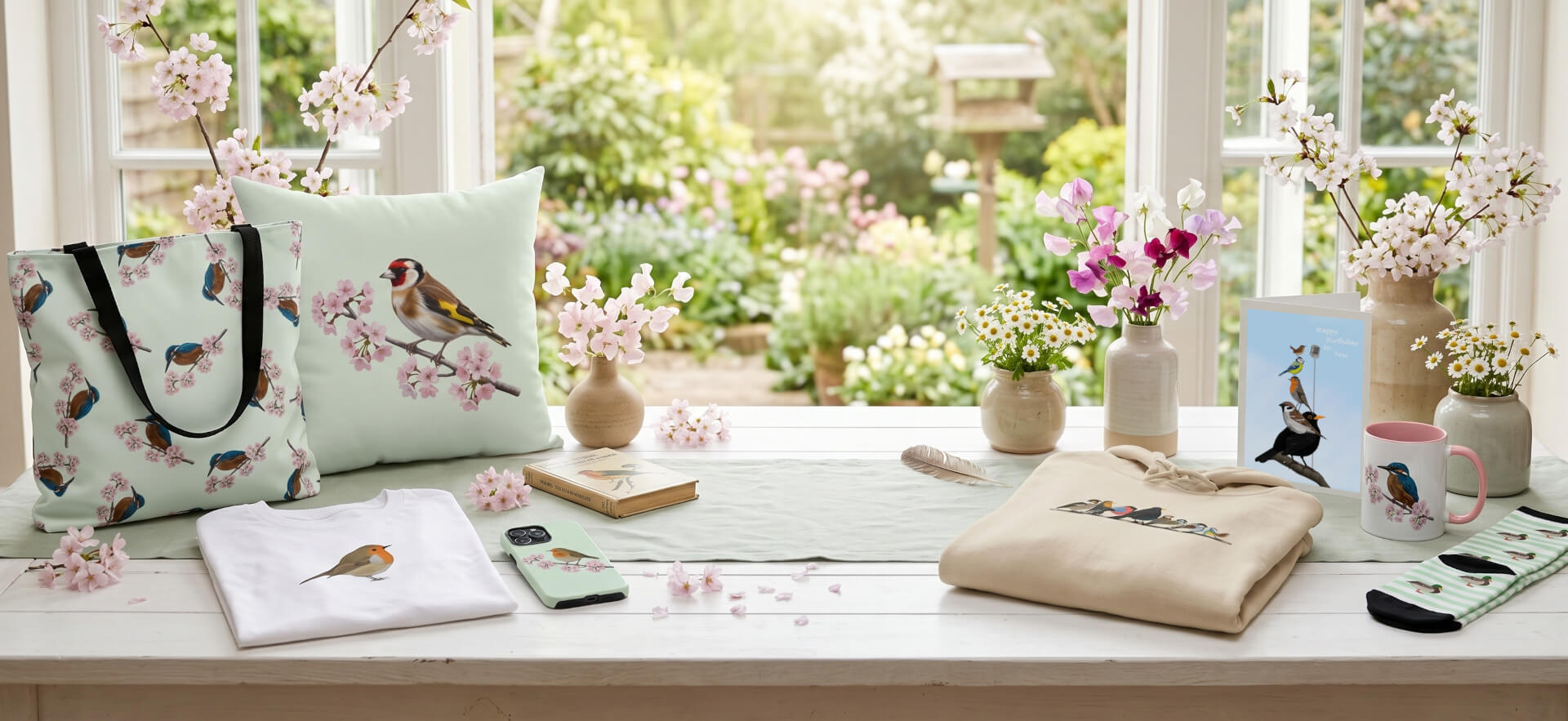 Ein gemütlicher Tisch vor einem Gartenfenster präsentiert jz.birds Produkte mit digitalen Vogel-Illustrationen: ein Rotkehlchen-T-Shirt, eine Eisvogel-Tasse, ein Stieglitz-Kissen, ein Vogel-Hoodie, Enten-Socken und eine Vogelmotiv Geburtstagskarte.