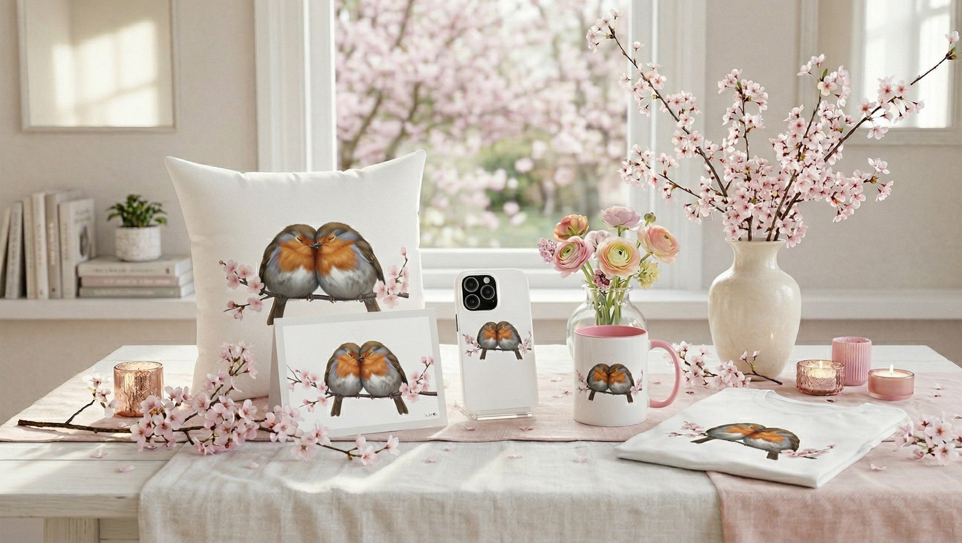Ein weißer Tisch, dekoriert mit zarten Kirschblütenzweigen. Darauf arrangiert sind eine Tasse, ein Kissen und ein T-Shirt aus der jz.birds Frühlingskollektion, die alle mit farbenfrohen Vogel- und Kirschblütenmotiven bedruckt sind.