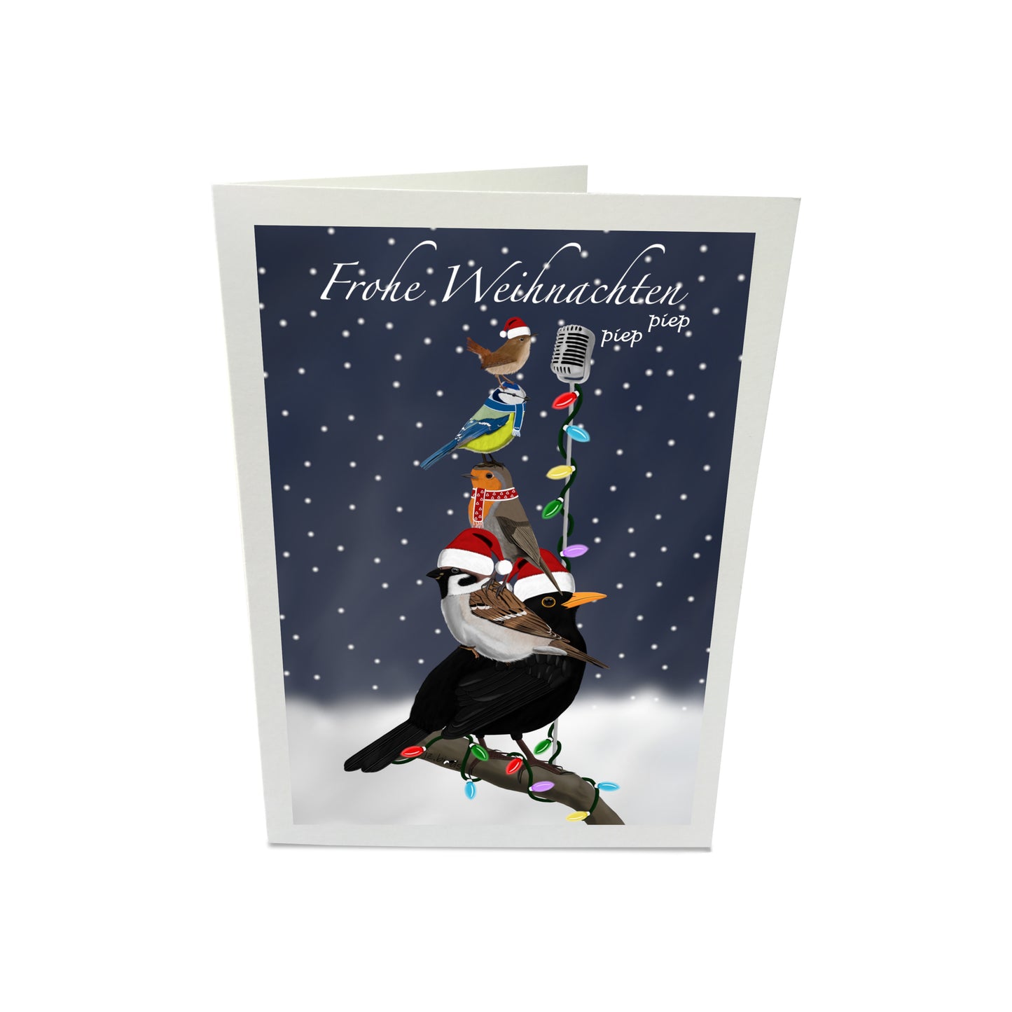 lustige weihnachtskarte mit gartenvoegeln amsel rotkehlchen blaumeise zaunkönig