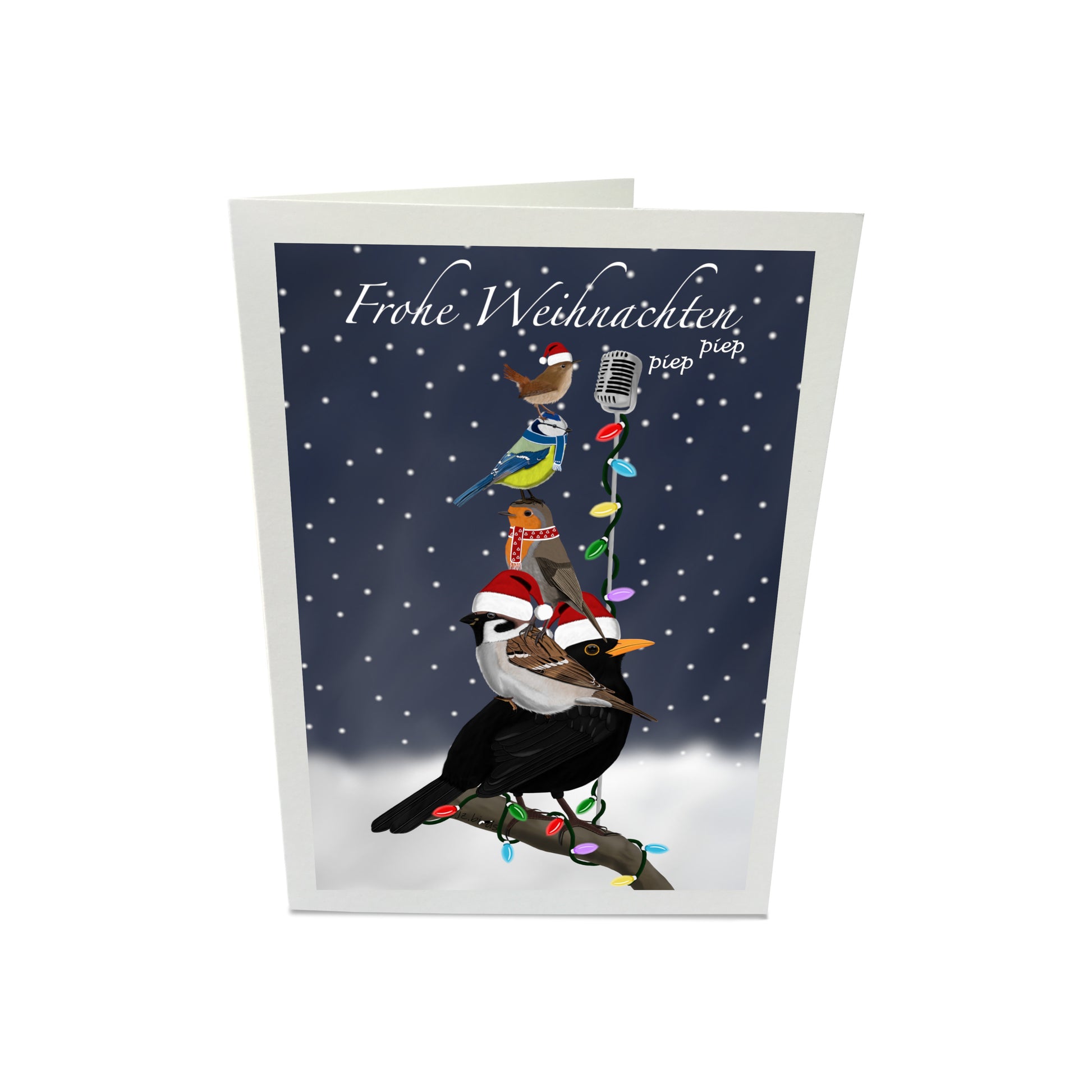 lustige weihnachtskarte mit gartenvoegeln amsel rotkehlchen blaumeise zaunkönig