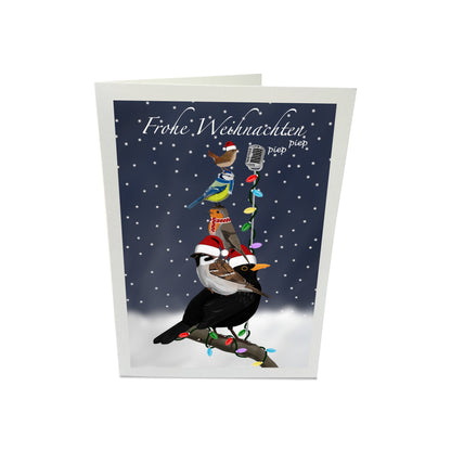 lustige weihnachtskarte mit gartenvoegeln amsel rotkehlchen blaumeise zaunkönig