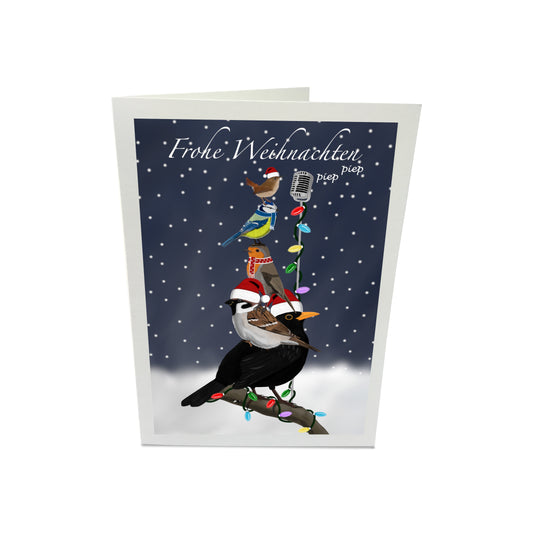 lustige weihnachtskarte mit gartenvoegeln amsel rotkehlchen blaumeise zaunkönig