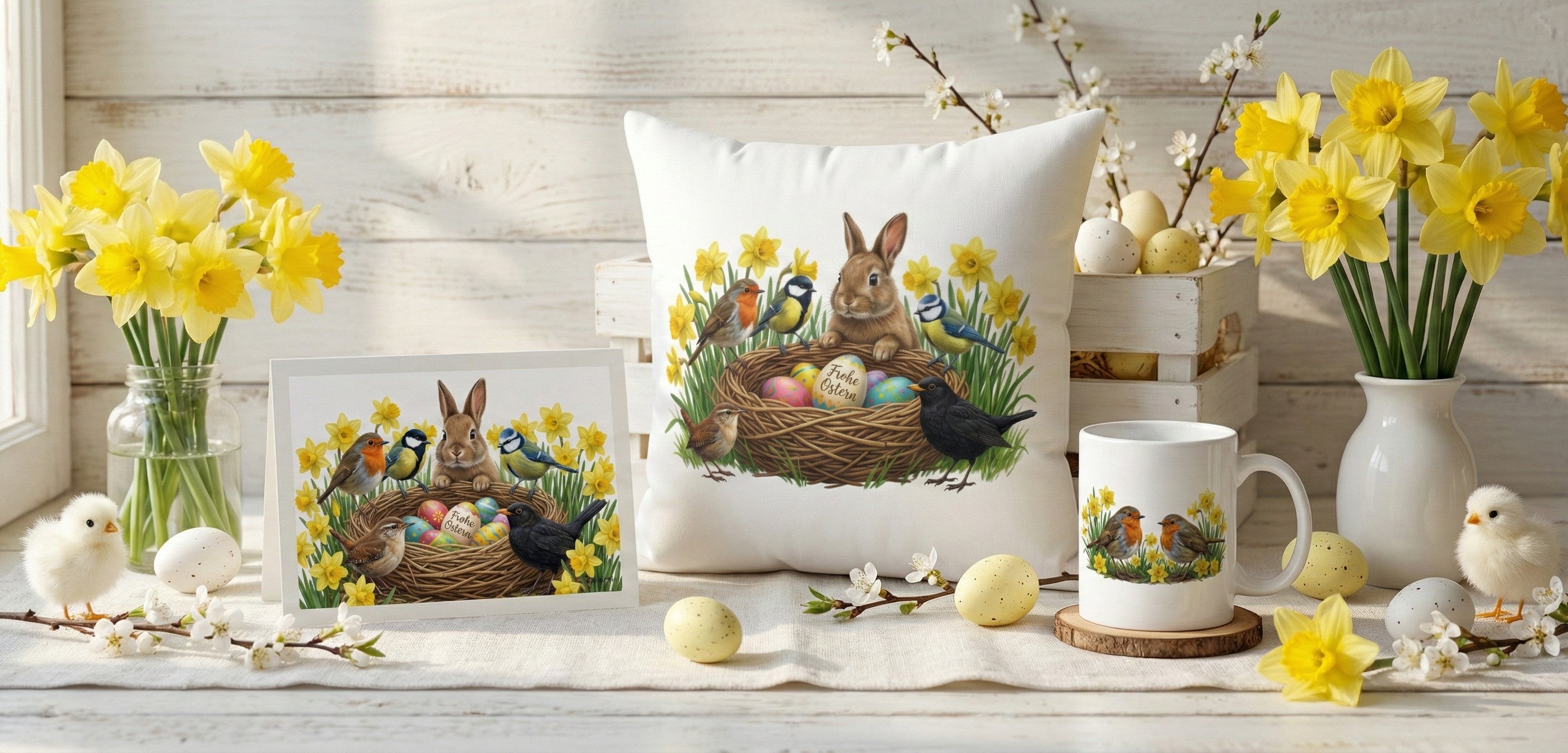 Stimmungsvolles Oster-Arrangement mit illustrierten Vogel-Grußkarten, Kissen, Tassen und passender Osterdeko von jz.birds auf einem Holztisch.