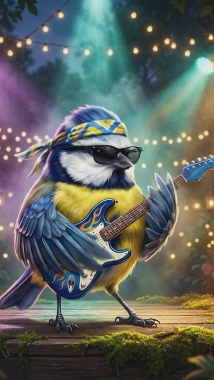 Lustige Geburtstagskarte Blaumeise mit E-Gitarre – Glückwunschkarte für Musiker, Gitarristen & Vogelfreunde