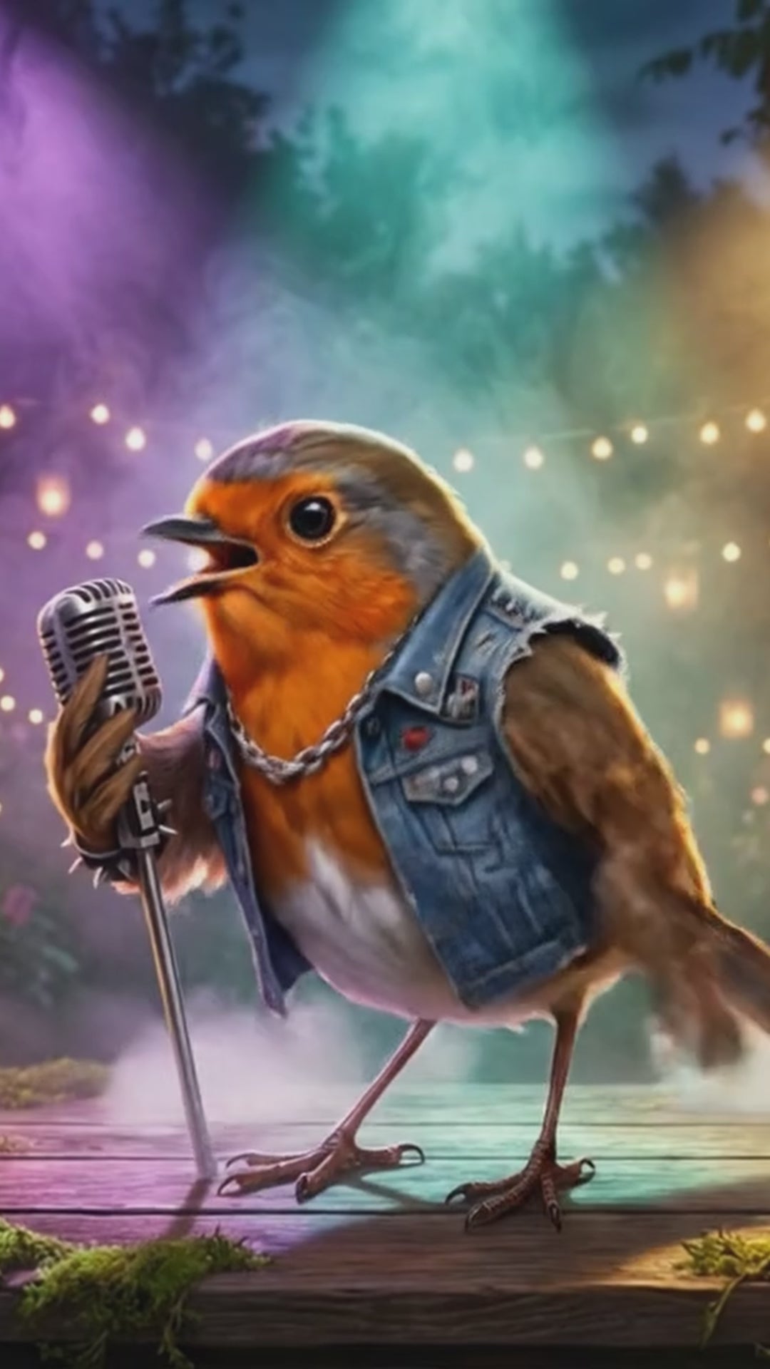 rotkehlchen singt auf einer bühne im garten