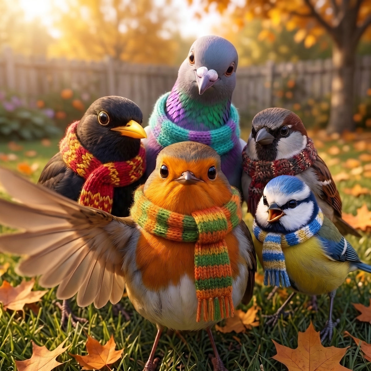 Rosi Rotkehlchen macht ein Gruppen-Selfie mit Gartenvögeln in bunten Strickschals im Herbst – lustige und süße Vogel-Illustration von jz.birds