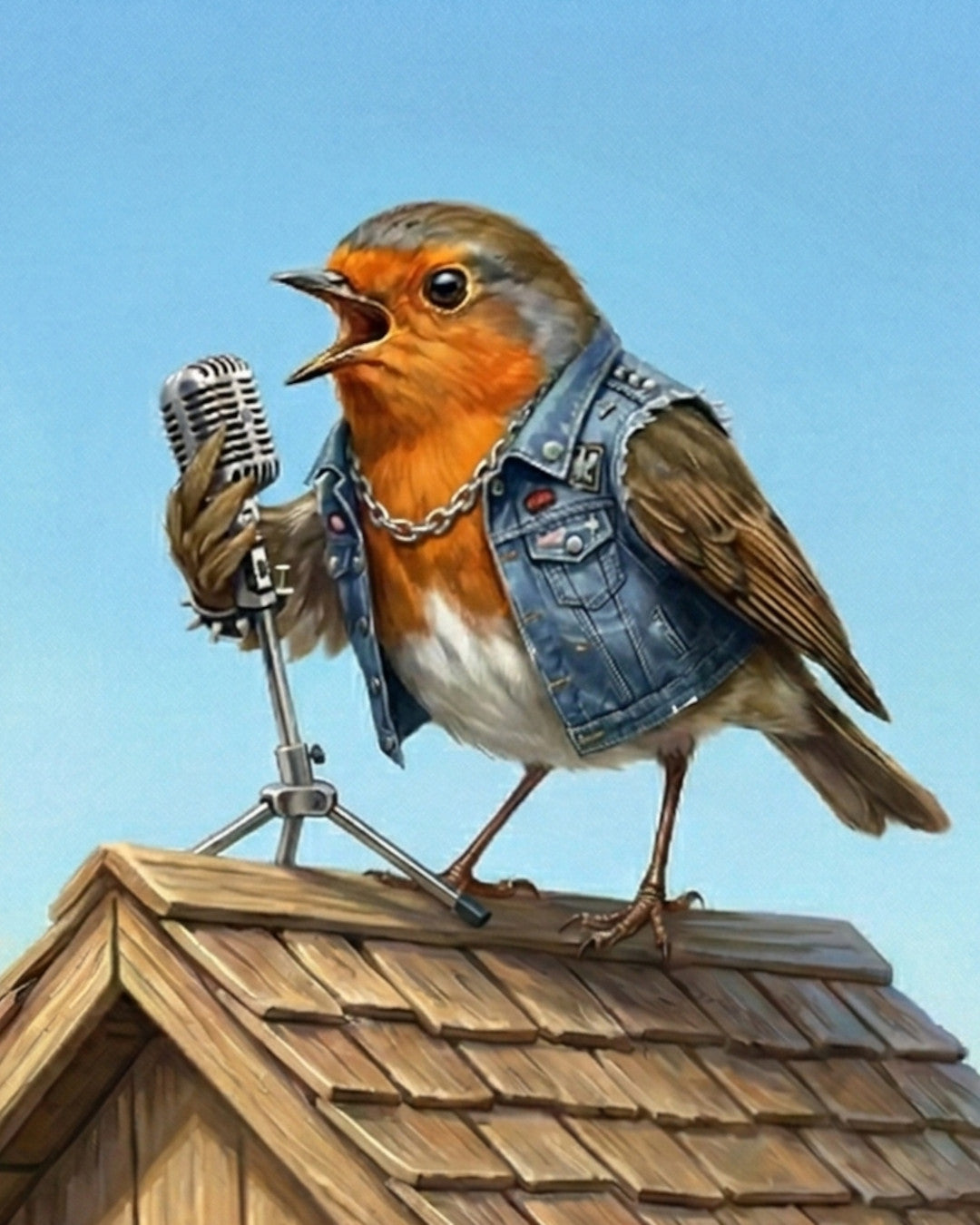 Porträt Bild von Rocky Rotkehlchen, dem Lead Sänger von der Rockband Die Gartenvoegel. Rocky steht auf dem Dach eines Vogelhauses und singt in ein Mikrofon.