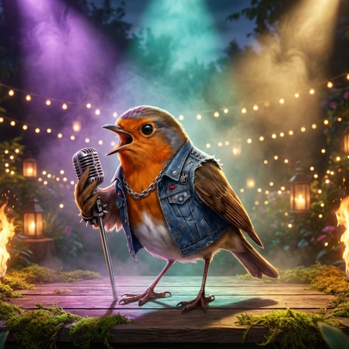 Bird in a denim vest holding a microphone on a stage with colorful lights and lanterns.