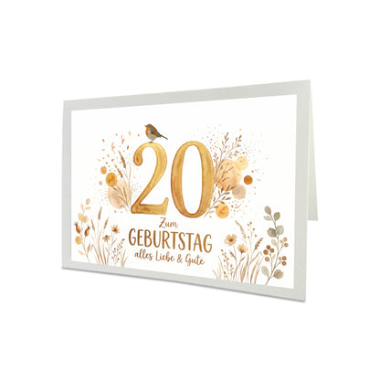 Geburtstagskarte Rotkehlchen – Handgefertigte Klappkarte inkl. Gold-Umschlag (Wunschzahl wählbar)