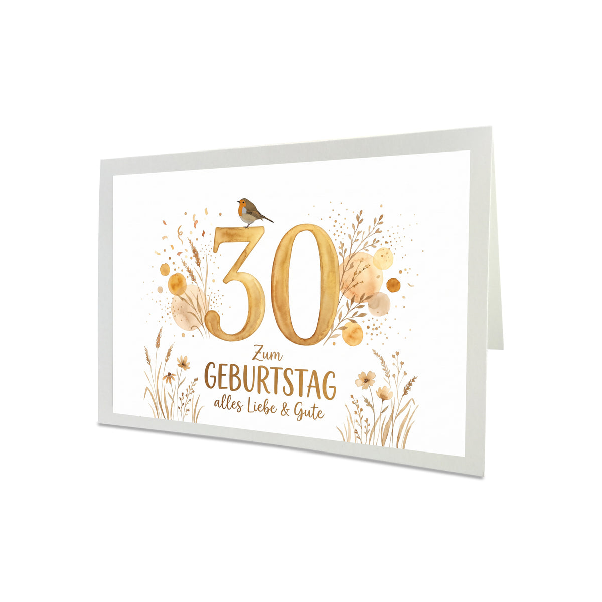 Geburtstagskarte Rotkehlchen – Handgefertigte Klappkarte inkl. Gold-Umschlag (Wunschzahl wählbar)
