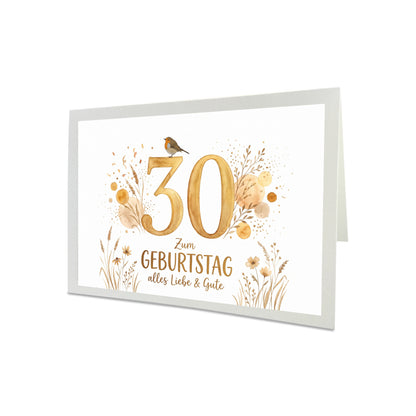 Geburtstagskarte Rotkehlchen – Handgefertigte Klappkarte inkl. Gold-Umschlag (Wunschzahl wählbar)