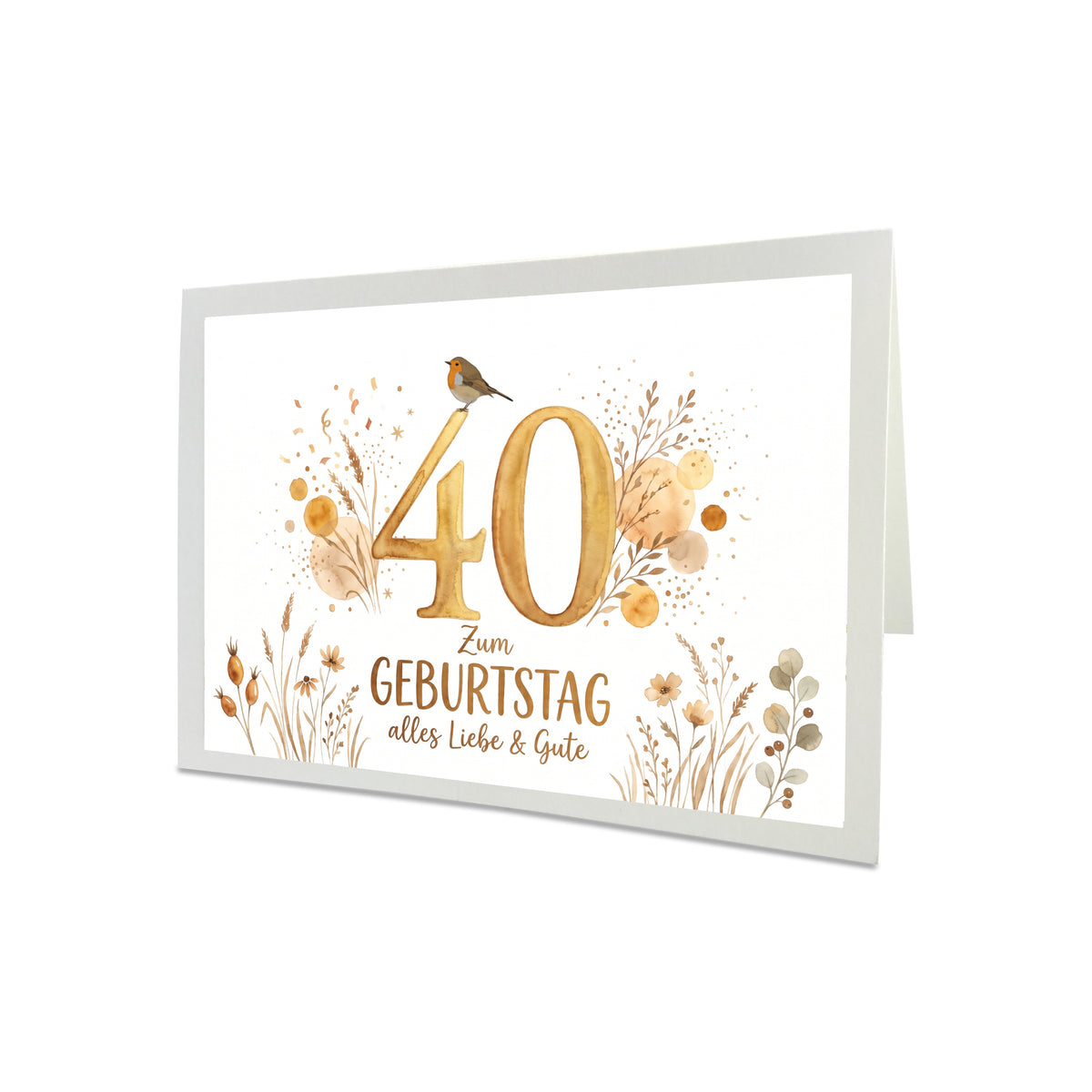 Geburtstagskarte Rotkehlchen – Handgefertigte Klappkarte inkl. Gold-Umschlag (Wunschzahl wählbar)