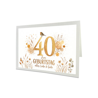 Geburtstagskarte Rotkehlchen – Handgefertigte Klappkarte inkl. Gold-Umschlag (Wunschzahl wählbar)