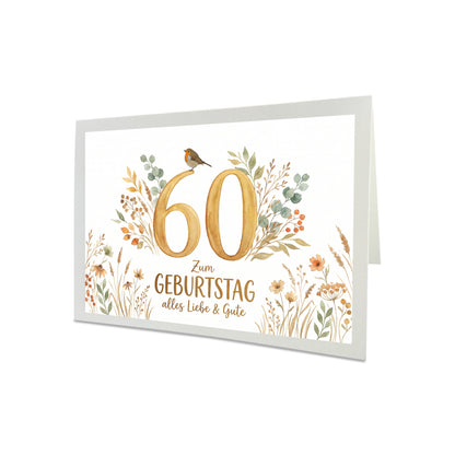 Handgefertigte Geburtstagskarte mit Rotkehlchen (mit Zahl 18 bis 90 oder ohne Zahl) inklusive goldenem Umschlag – naturweiße Klappkarte 12x17 cm