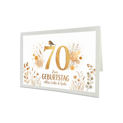 Geburtstagskarte Rotkehlchen – Handgefertigte Klappkarte inkl. Gold-Umschlag (Wunschzahl wählbar)