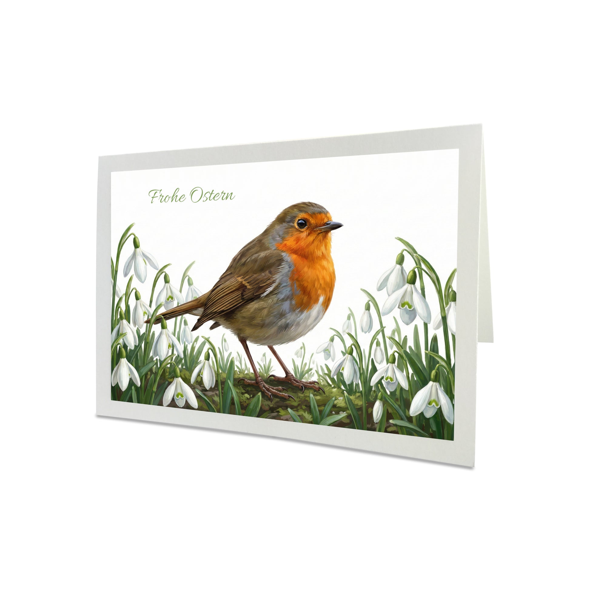 Illustrierte Osterkarte mit einem Rotkehlchen, das zwischen Schneeglöckchen sitzt, Frühlingsmotiv.