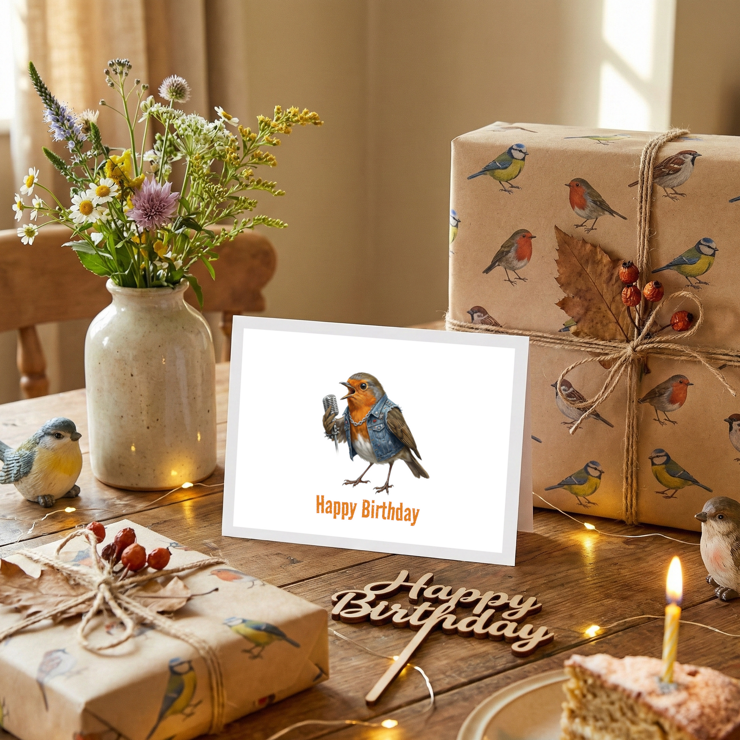 Grußkarte mit einem Rotkehlchen, das in ein Mikrofon singt, und dem Text „Happy Birthday“ auf einem Geburtstagstisch