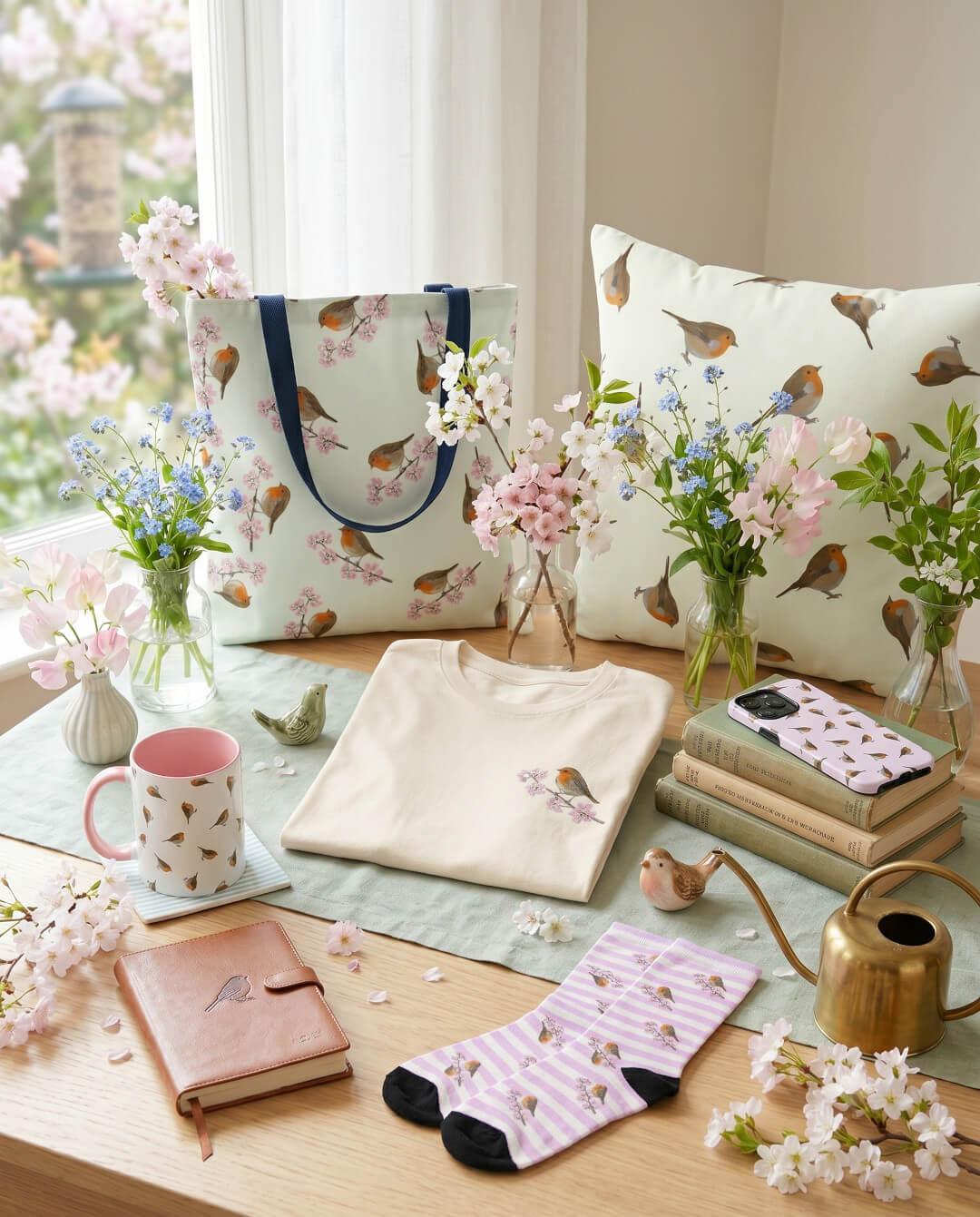 Ein hell dekorierter Tisch mit frischen Blumen, auf dem die Rotkehlchen-Produktkollektion arrangiert ist – bestehend aus einer Tasse, einem Kissen, Socken, einer iPhone-Hülle und einer Canvas-Tragetasche mit Vogelmotiven.