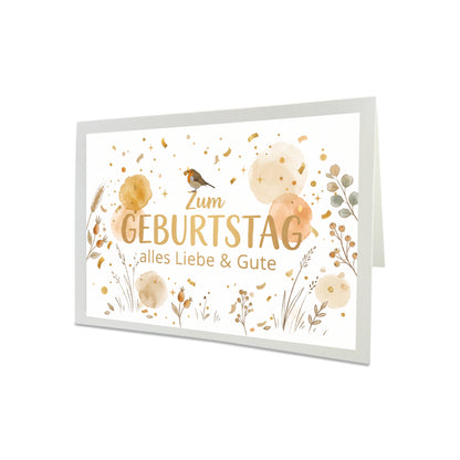 Geburtstagskarte Rotkehlchen – Handgefertigte Klappkarte inkl. Gold-Umschlag (Wunschzahl wählbar)
