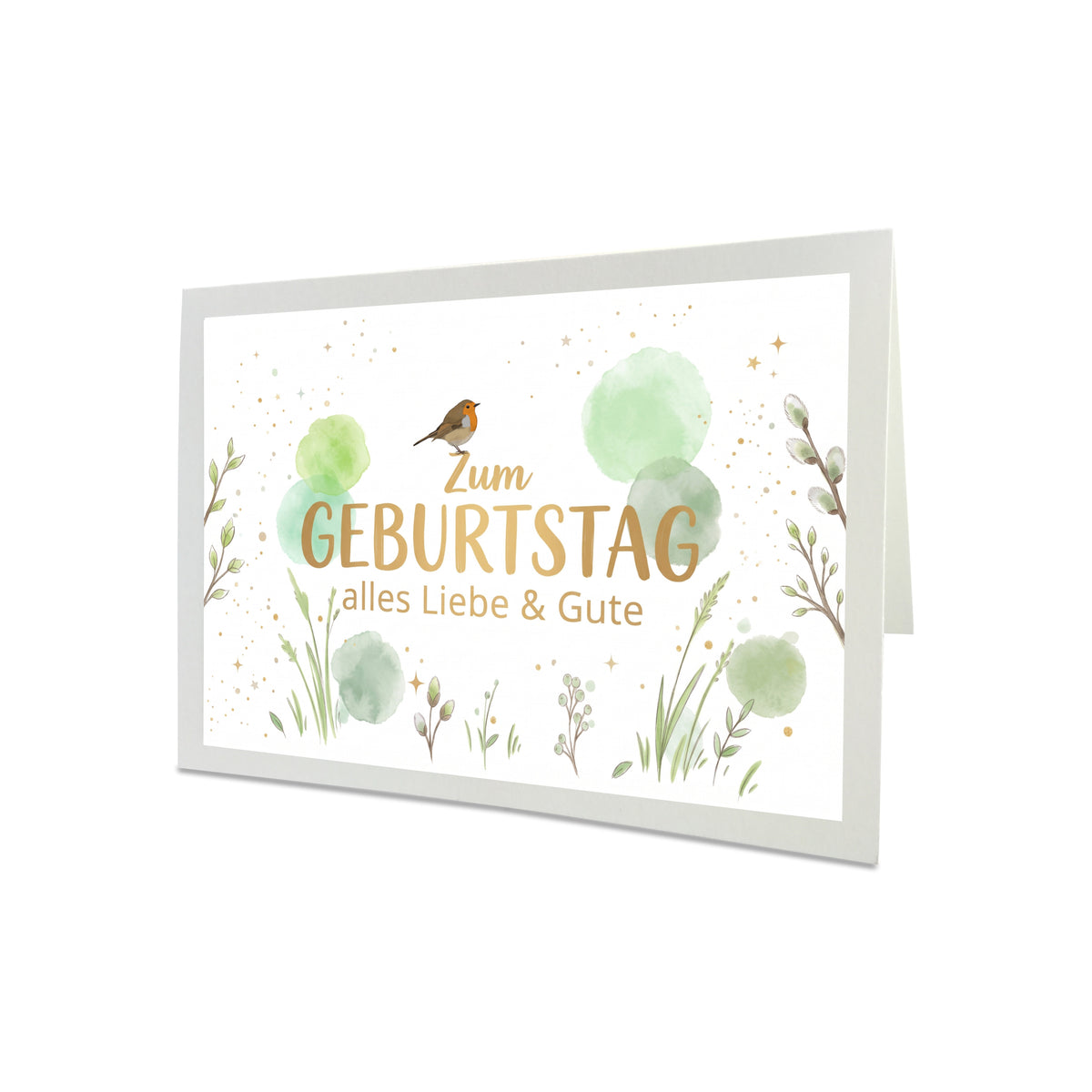 Naturweiße Geburtstagskarte im Querformat mit digital gemaltem Rotkehlchen, grünen Frühlings-Aquarelltupfern, Weidenkätzchen und hellgrünem Briefumschlag.