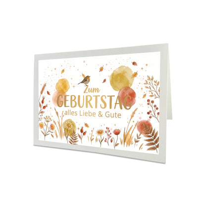 Herbstliche Geburtstagskarte mit Rotkehlchen-Motiv, Hagebutten, goldenen Aquarell-Tupfern und passendem goldenen Briefumschlag.