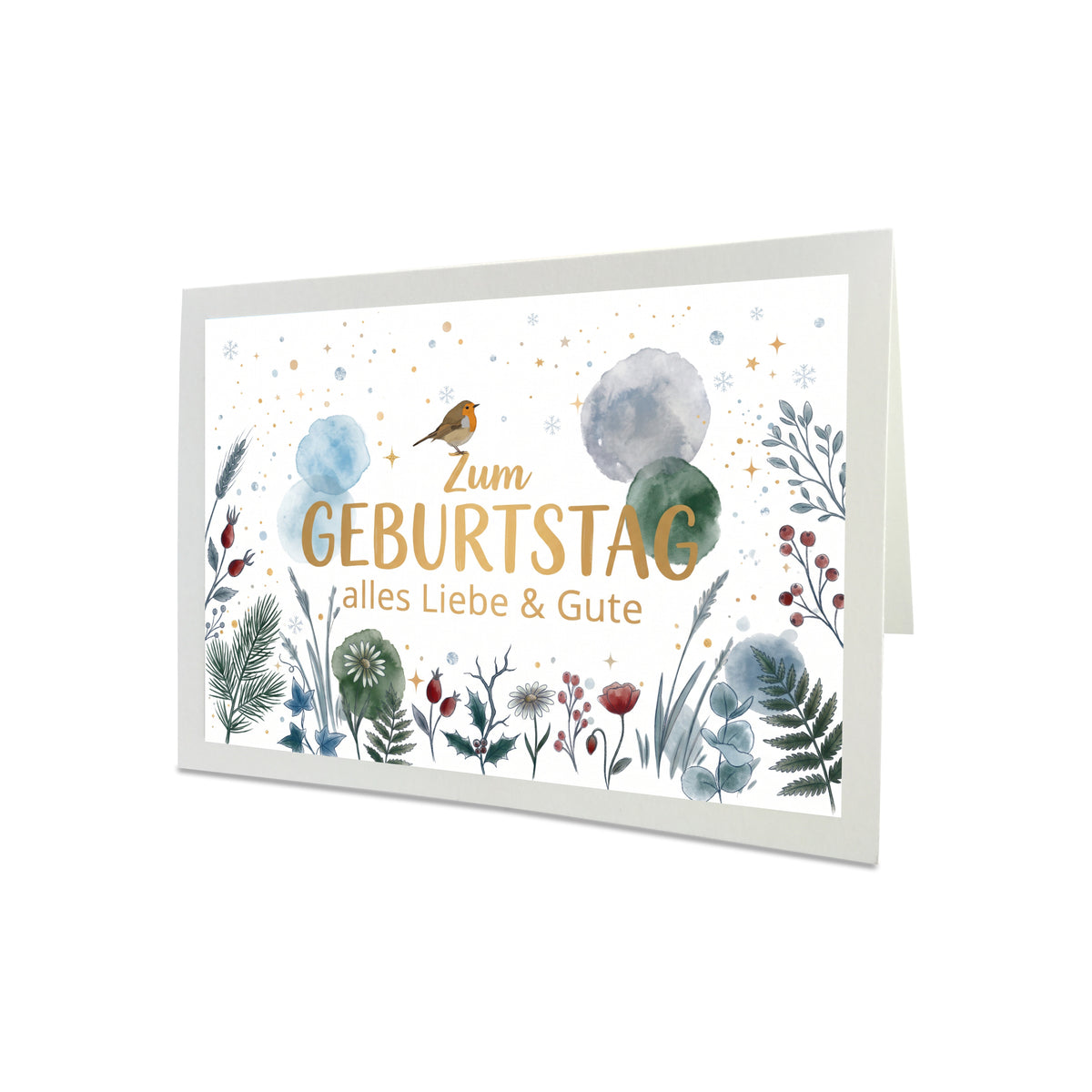 Winter-Geburtstagskarte mit digital illustriertem Rotkehlchen, Tannenzweigen, roten Beeren, eisblauen Aquarell-Tupfern und dunkelrotem Umschlag.