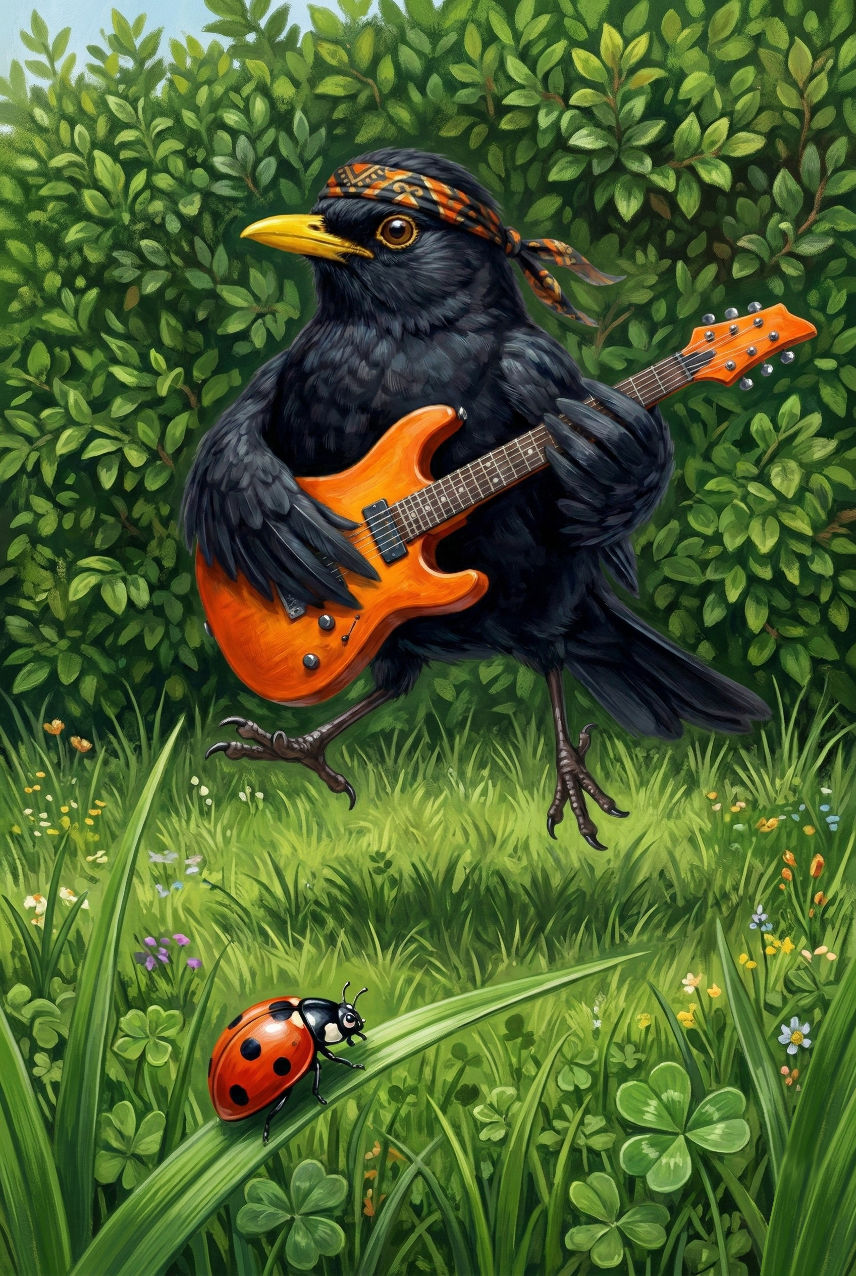 blacky, die amsel mit einer orangenen gitarre auf einem grünen rasen
