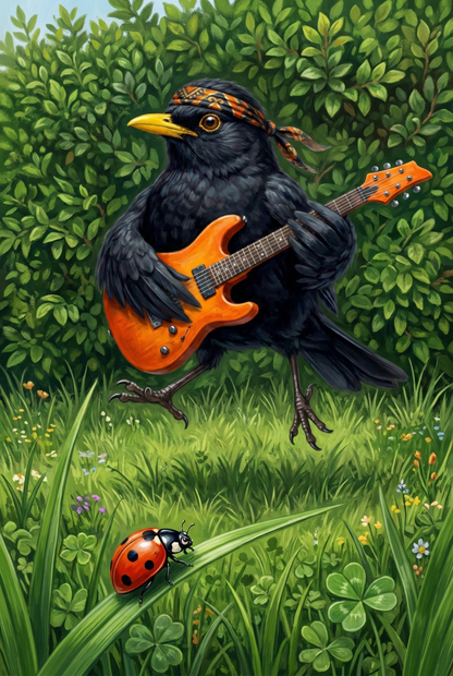 blacky, die amsel mit einer orangenen gitarre auf einem grünen rasen