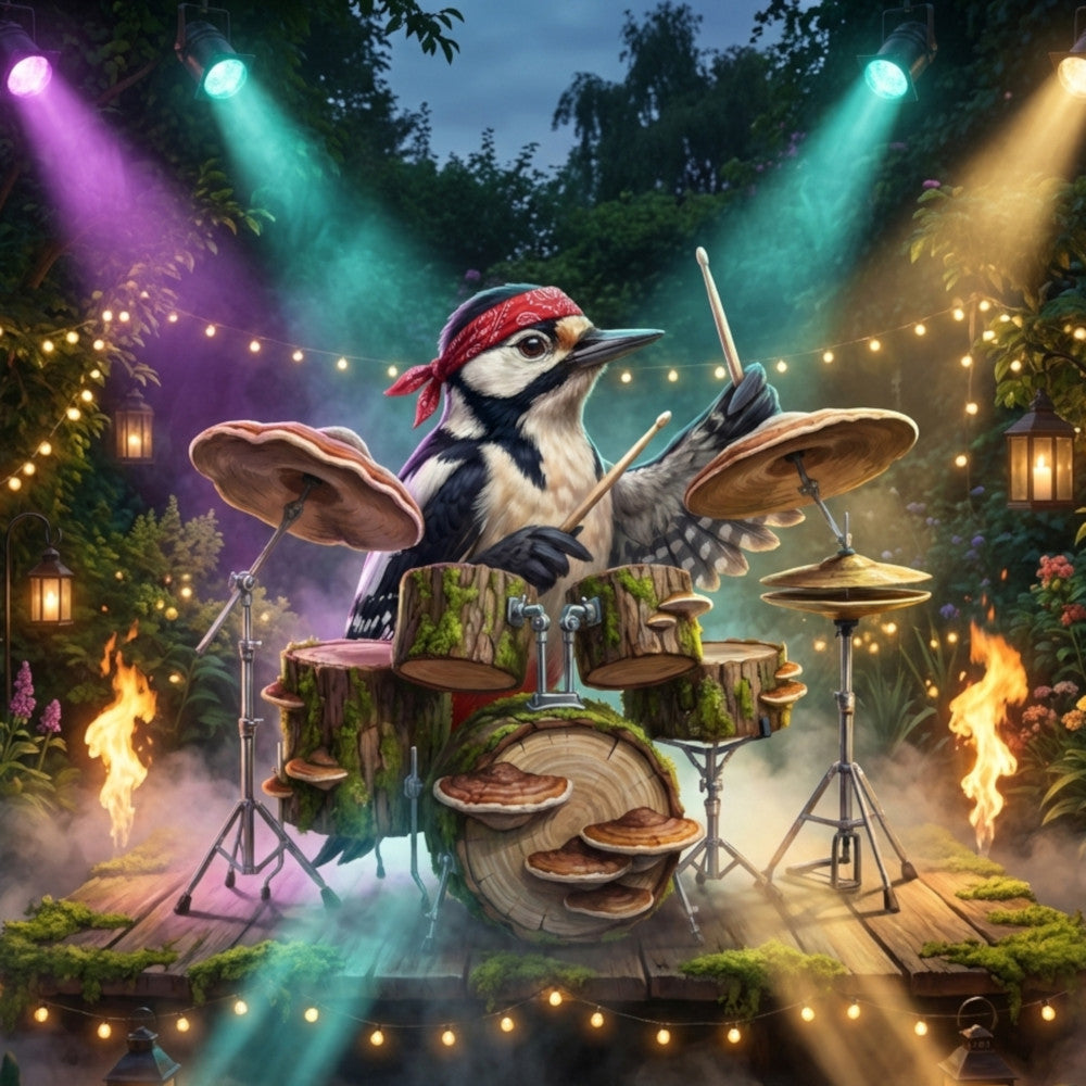Sigi Specht, Schlagzeuger der Rockband Die Gartenvoegel ist auf der Bühne im Garten und spielt auf seinem Schlagzeug.