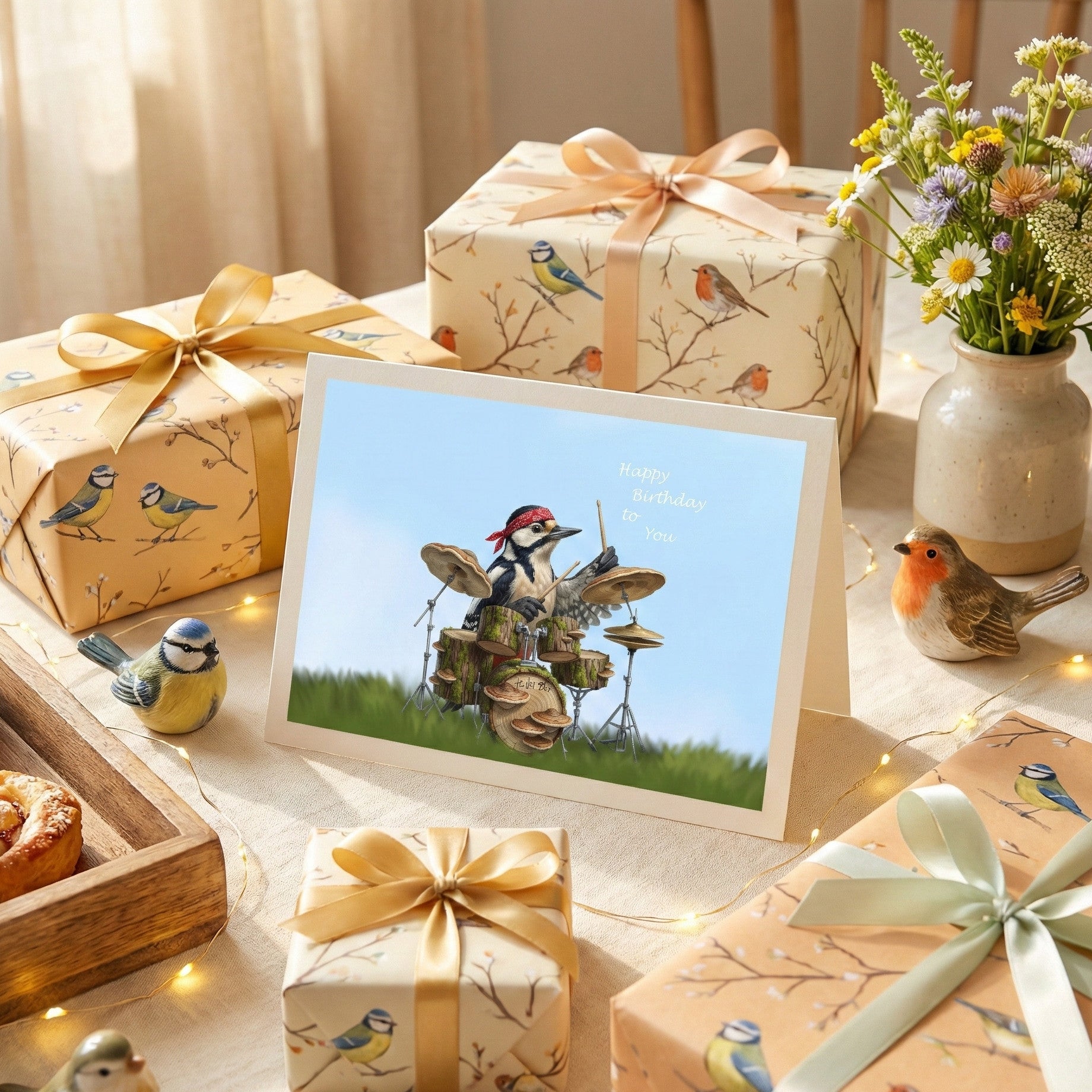 Gifts with bird-themed wrapping paper and a framed card on a decorative table.