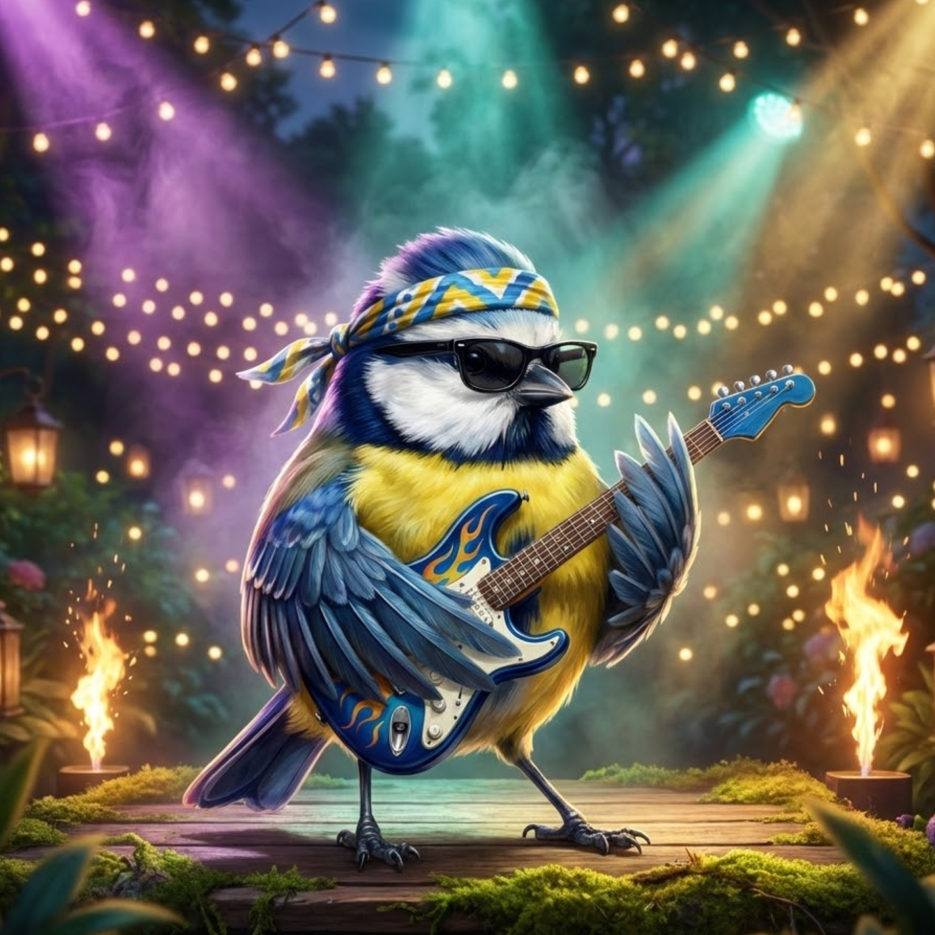 Bird playing a guitar in a magical forest with lights and fireflies.