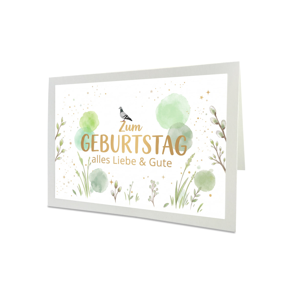 Naturweiße Geburtstagskarte im Querformat mit digital gemalte Taube, grünen Frühlings-Aquarelltupfern, Weidenkätzchen und hellgrünem Briefumschlag.