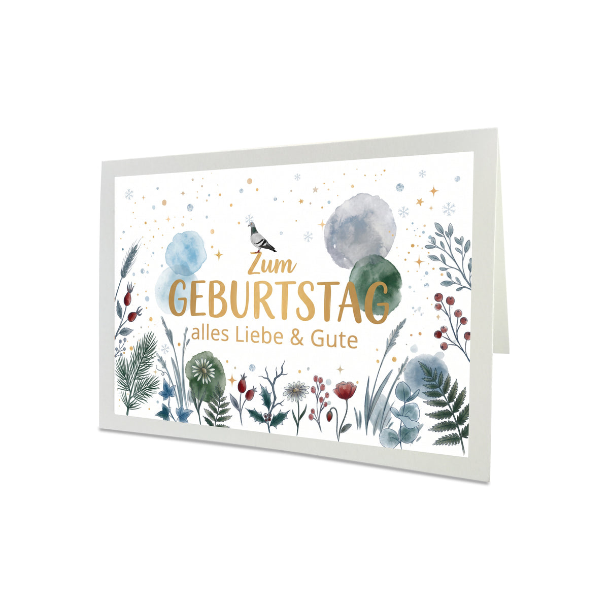 Winter-Geburtstagskarte mit digital illustrierter Taube, Tannenzweigen, roten Beeren, eisblauen Aquarell-Tupfern und dunkelrotem Umschlag.