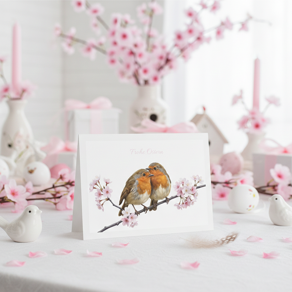 Illustrierte Osterkarte mit zwei Rotkehlchen, die zwischen rosa Kirschblüten sitzen, Frühlingsmotiv.