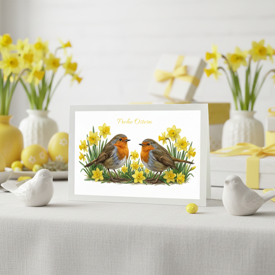 Illustrierte Osterkarte mit zwei Rotkehlchen, die zwischen gelben Osterglocken sitzen, Frühlingsmotiv auf einem Tisch mit Dekoration für Ostern.