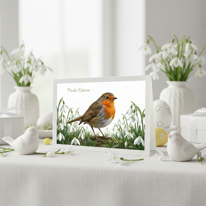 Illustrierte Osterkarte mit einem Rotkehlchen, das zwischen Schneeglöckchen sitzt, Frühlingsmotiv.