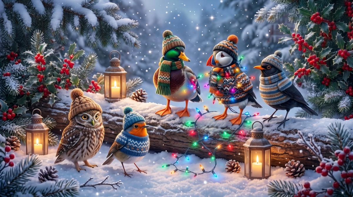 Eine festliche Winterwaldszene mit mehreren Vögeln, die Strickmützen, Schals und Tücher tragen und im Schnee neben leuchtenden Laternen sowie bunten Weihnachtslichtern stehen. Bäume, Tannenzweige, Beeren und fallender Schnee sorgen für eine gemütliche Festtagsstimmung.