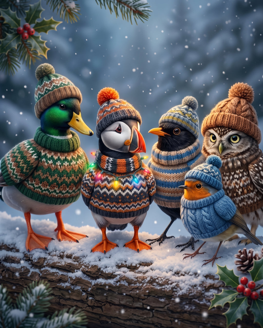 Fünf Wintervögel in bunten Strickpullovern, Schals und passenden Mützen stehen auf einem verschneiten Baumstamm in einer verschneiten Außenlandschaft mit Stechpalmen- und Kiefernzweigen zu Weihnachten.