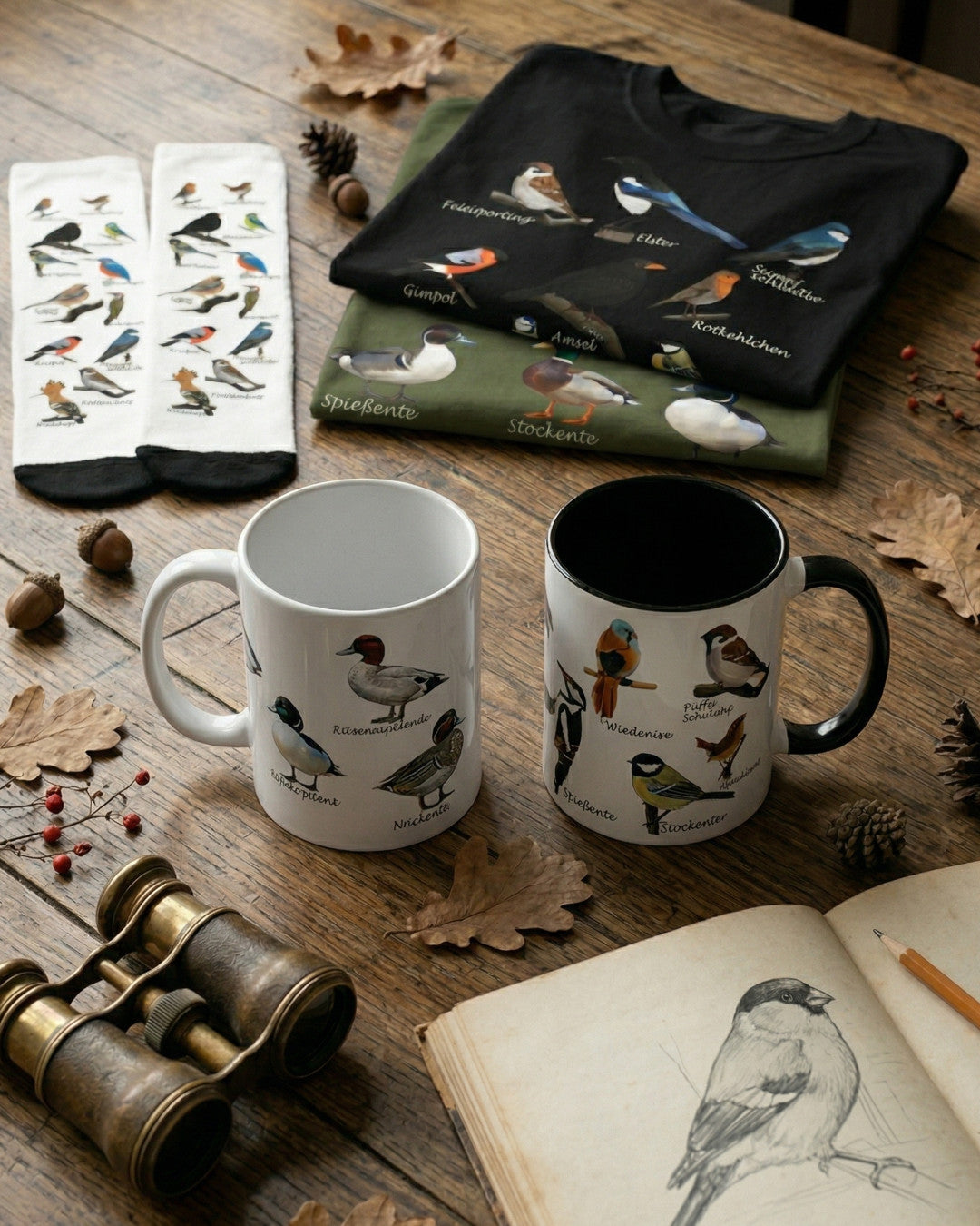 Rustikaler Schreibtisch eines Vogelbeobachters mit Fernglas und Notizbuch. Im Fokus liegen T-Shirt, Sweatshirt und Tasse aus der neuen Vogelkunde-Kollektion, bedruckt mit einem detaillierten Lexikon-Motiv verschiedener Entenarten wie Stockente und Mandarinente.