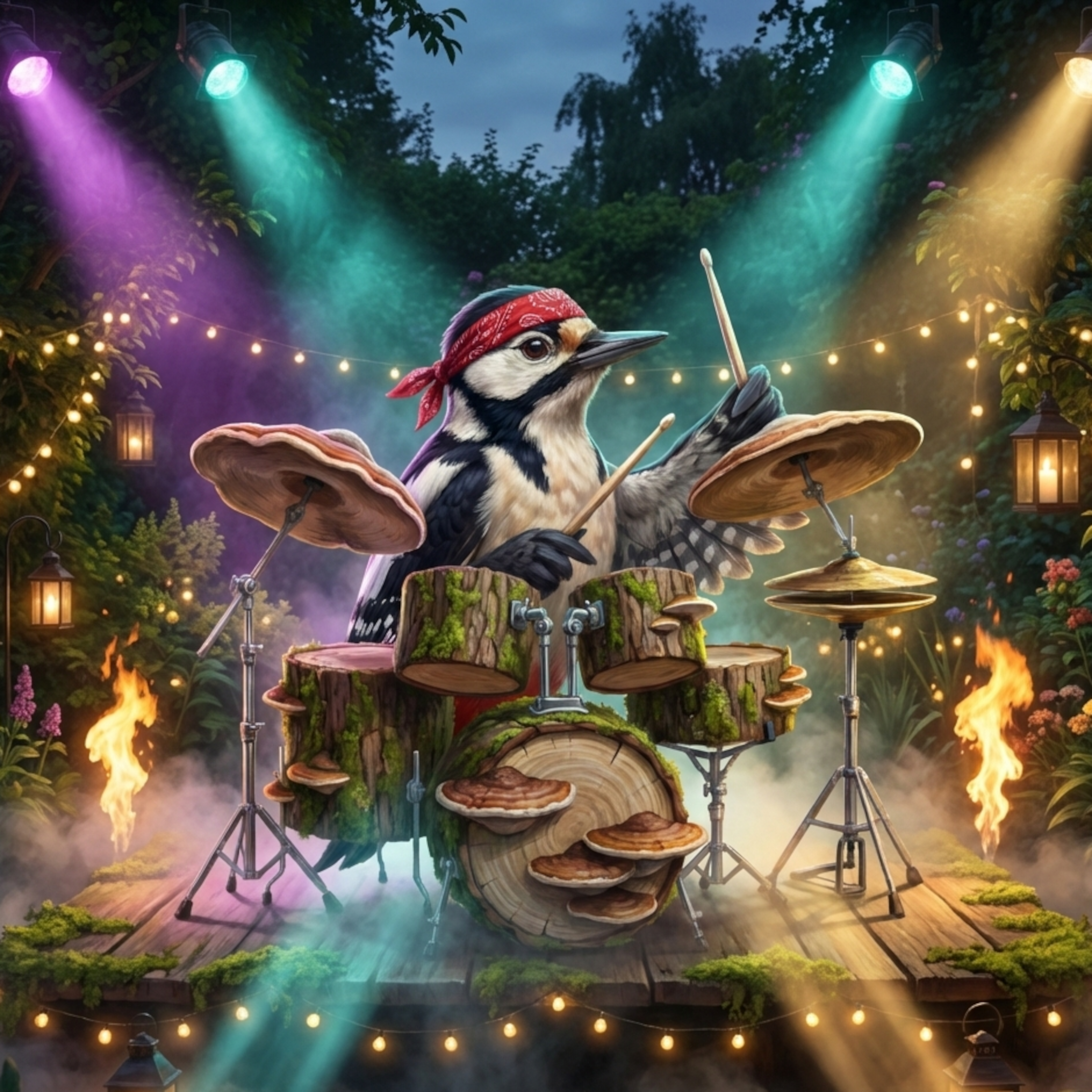 Woodpecker playing drums in a forest setting with lights and fire