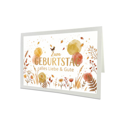 Herbstliche Geburtstagskarte mit Zaunkönig-Motiv, Hagebutten, goldenen Aquarell-Tupfern und passendem goldenen Briefumschlag.